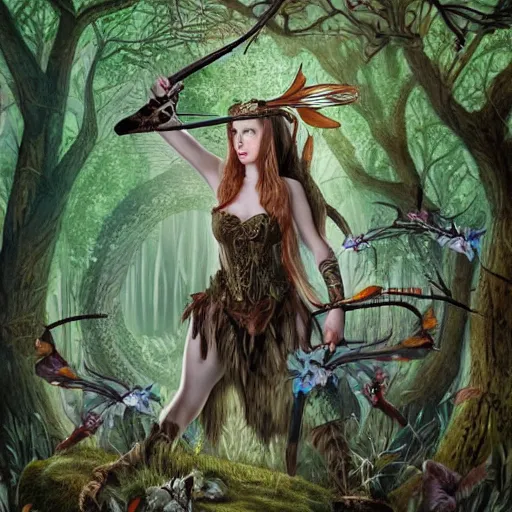 Image similar to huntress, fairy tale; forest; goddess of the hunt; Ferdinand Khab; deep woods; warrior woman; archery, Art of Illusion, Artrift, finalRender, Flickr, IMAX, Polycount, r/Art, shadow depth, Sketchfab, Sketchlab, Substance Designer, VRay; trending on r/deepdream; AppGameKit, recursive ray tracing; volumetric lighting; ambient occlusion, Hyper detailed digital matte painting, concept art, hyperrealism, Cinema 4D, 8k resolution, 64 megapixels, bokeh, CGSociety, ZBrush Central, behance HD, hypermaximalist, a masterpiece, 4K, Ukiyo-e, film noir, neon, beautiful, deep colors, bright, amazing, gorgeous, wonderful, great, marvelous, fantastic, magnificent, excellent, fabulous, lovely, astonishing, outstanding, splendid, glorious, mist, by Gustav Klimt and Gustave Doré,