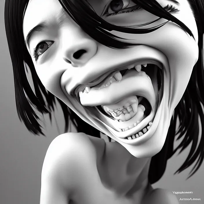 Image similar to portrait of the popular girl laughing at the viewer, by Katsuhiro Otomo, Yoshitaka Amano, Nico Tanigawa, and Artgerm rendered with 3D effect.