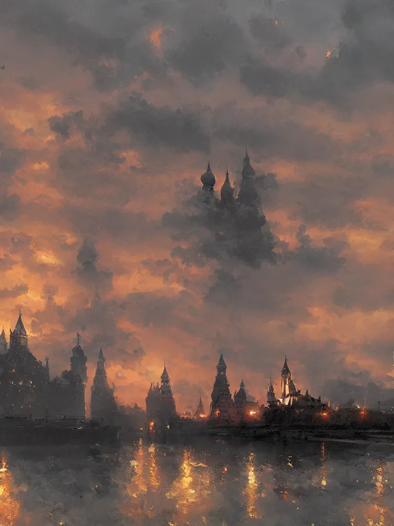 Prompt: russian revolution 1 9 1 0, ominous evening, after the storm, drama, steampunk airship, kremlin, by rozalski and craig mullins and federico pelat, artstation