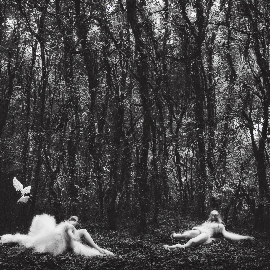 Prompt: a fallen angel in a dark forest, monochrome photograph