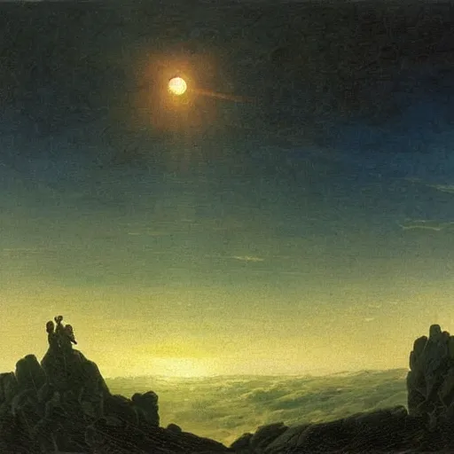 Image similar to wanderer above the sea of fog, but over the pits of hell syle of caspar david friedrich