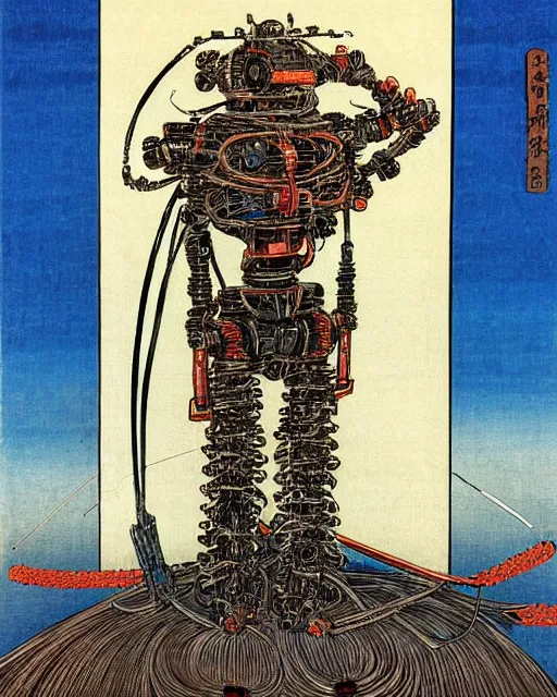 Prompt: Hiroshige portrait of a robot saint made of cables and robotic pod by Frank Frazetta