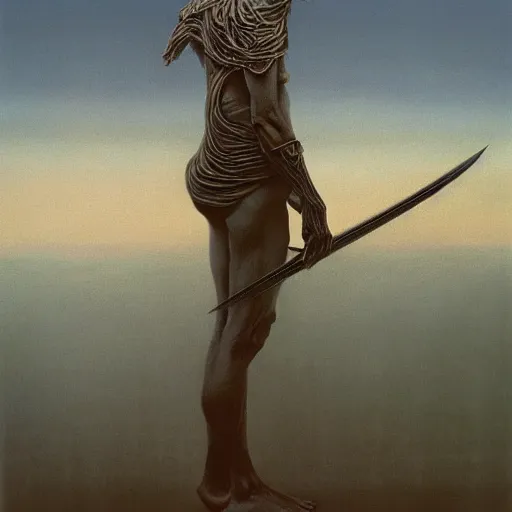 Image similar to swordsman by Zdzisław Beksiński, oil on canvas