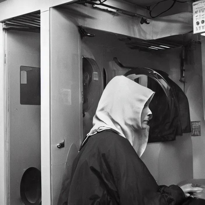 Prompt: a closeup of a woman wearing a hood made of wire and plastic, in a laundry mat, color photograph, by edward hopper, canon eos c 3 0 0, ƒ 1. 8, 3 5 mm, 8 k, medium - format print