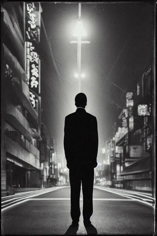 Prompt: a man standing in the middle of a tokyo street at night, in the style of the dutch masters and Gregory Crewdson