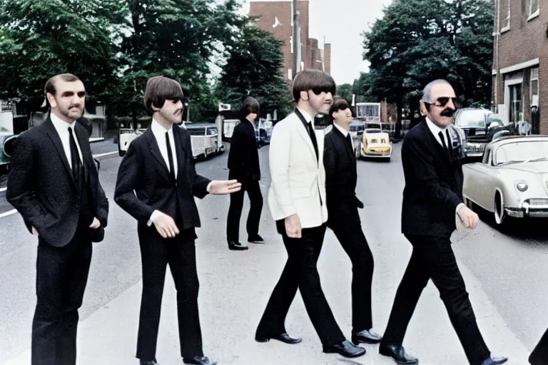 Image similar to sean connery as james bond with the beatles at abbey road recording studio, color photograph, 1 9 6 0 s