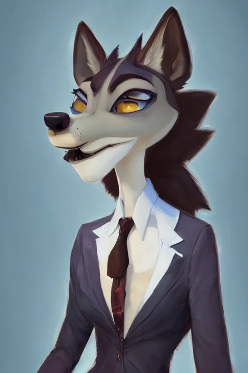 Image similar to oil painting concept art of anthromorphic female wolf, in style of cory loftis, female fursona, furry, furaffinity, 4 k, deviantart, furry art, fursona art, wearing black business suit, business suit, in style of zootopia, wolf fursona, cyberpunk, female, very expressive detailed feminine face,