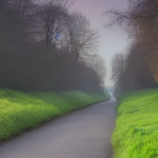 Prompt: Beautiful cameraphone, soft liminal Photograph of an estate road at early morning, hedge