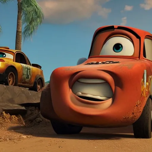 Prompt: mater from cars driving into a building, rubble, disney pixars cars, mater, unreal engine 5