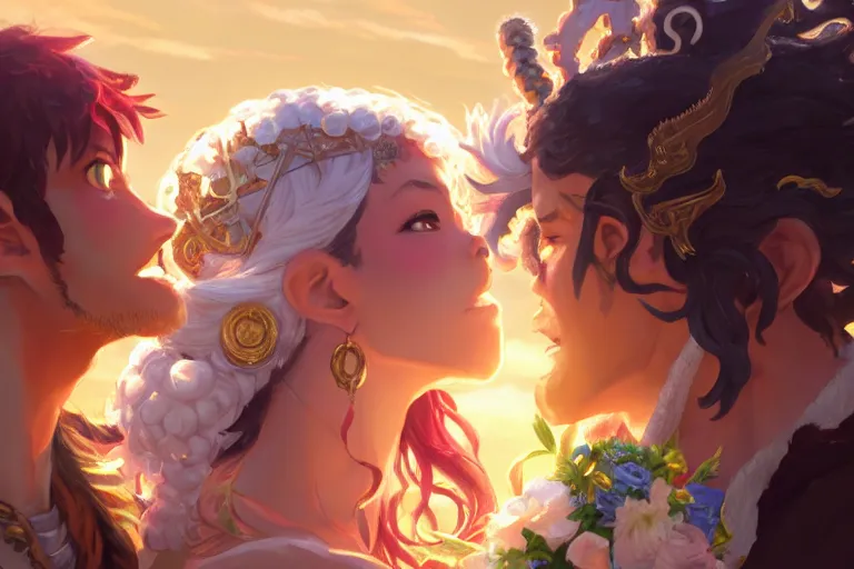 Image similar to close up moment of a divine a sun god and a moon goddess lovers magician at a wedding banquet, highly detailed, d & d, fantasy, 4 k realistic, digital painting, trending on artstation, concept art, sharp focus, illustration, art by makoto shinkai and akihiko yoshida and daniel gerhartz