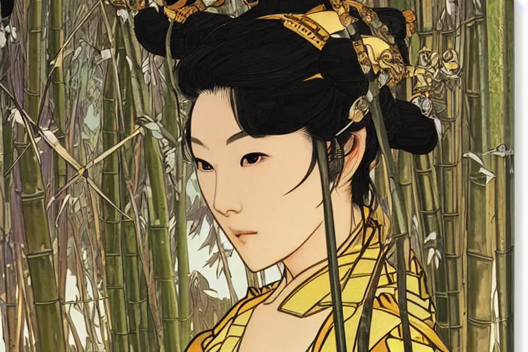 Image similar to close up of samurai in full armor, in a mysterious and bamboo forest, golden hour, by fiona staples, range murata, alphonse mucha