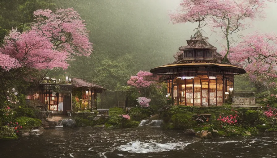 Image similar to a Sophia Coppola 35mm film still of a very surreal magical European castle style cabin with a bookstore cafe behind a lush waterfall, falling cherry blossoms pedals, in the style of Gucci and Wes Anderson glowing lights and floating lanterns, foggy atmosphere, rainy, moody, muted colors, magic details, very detailed, 8k, cinematic look, octane render, psychedelic,