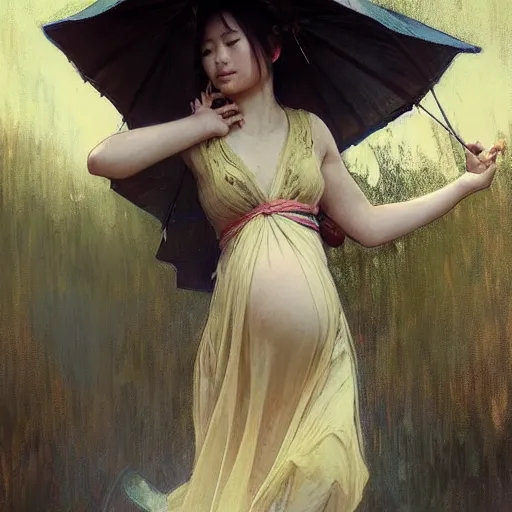 Prompt: full body portrait of a beautiful young asian girl glasses, pregnant, freckles, summer dress, fully clothed!, worksafe!!!, jeremy mann and alphonse mucha, photo realistic, dynamic lighting, windy, artstation, poster, dreamy, volumetric lighting, ethereal, 4 k, high detail