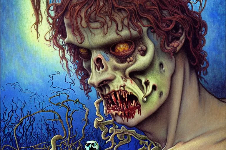 Image similar to realistic detailed portrait painting of a male zombie, nightly graveyard landscape background by Jean Delville, Amano, Yves Tanguy, Alphonse Mucha, Ernst Haeckel, Edward Robert Hughes, Roger Dean, rich moody colours, blue eyes