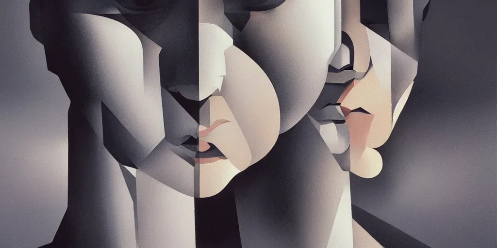 Image similar to highly detailed portrait of a portrait geometric face modernist bauhaus minimalism, by greg rutkowski and fujimoto tatsuki, dramatic lighting, dynamic pose, dynamic perspective
