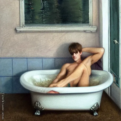 Image similar to justim bieber laying in a bathtub filled with milk, cinematic, cottage core, cinematic focus, polaroid photo bleached vintage pastel colors high - key lighting, soft lights, foggy, by steve hanks, by lisa yuskavage, by serov valentin, by tarkovsky, 8 k render, detailed, oil on canvas