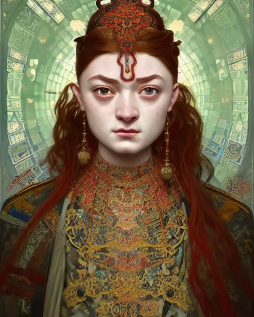 Image similar to portrait of a turkish masculine female sadie sink cyberpunk machine, machine face, upper half portrait, decorated with ottoman opera motifs, muscular, asian, fine china, wuxia, traditional chinese art, intricate intense elegant, highly detailed symmetry headpiece digital painting artstation concept art smooth sharp focus illustration, art by artgerm and greg rutkowski alphonse mucha 8 k