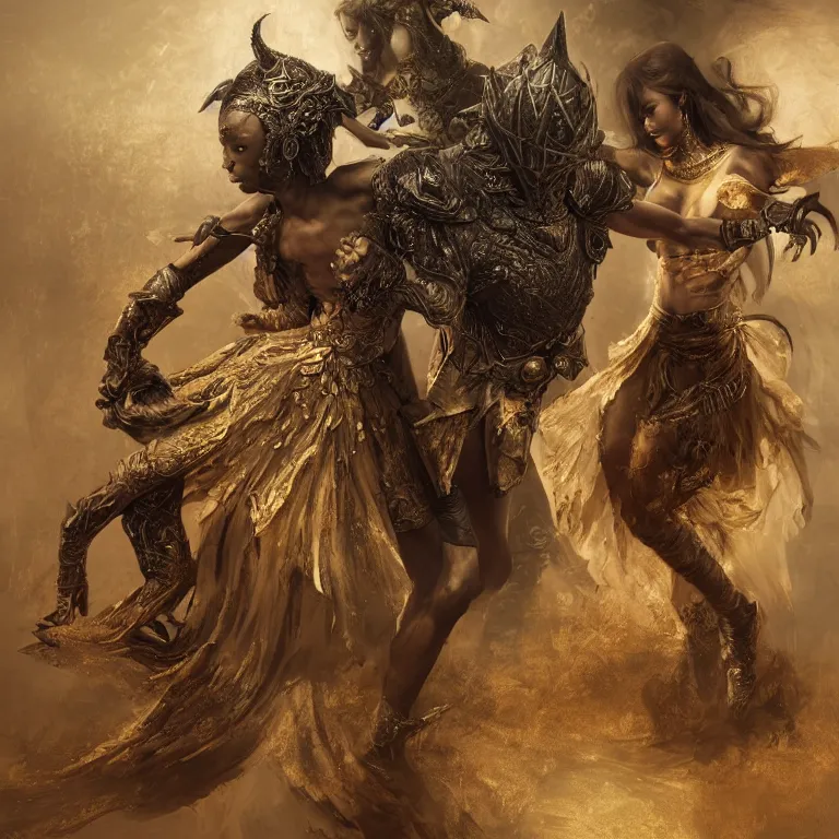 Image similar to dance of a couple, black man and a female devil, Dark Souls 3 themed, in style of Ruan Jia, insanely detailed and intricate, golden ratio, elegant, ornate, luxury, elite, matte painting, cinematic, cgsociety, James jean, Brian froud, ross tran, Laputa