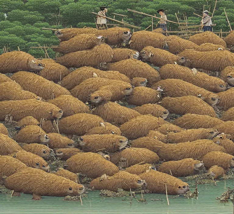 Image similar to photography hyperrealism concept art of highly detailed anthropomorphic beavers builders that building city with sticks by hasui kawase