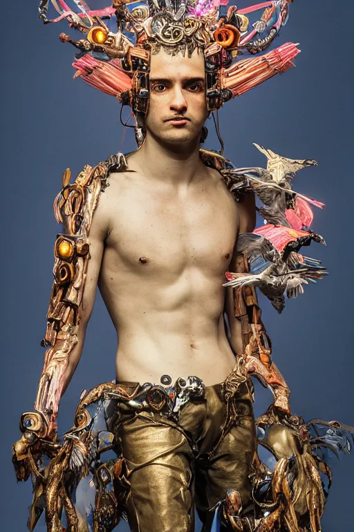 Image similar to full-body bladerunner style sculpture of a young handsome Colombian prince as a half cibernetic android with a chest opening exposing circuitry and electric sparks, glowing pink eyes, crown of blue flowers, flowing salmon-colored silk, fabric, raptors. baroque elements. full-length view. baroque element. intricate artwork by caravaggio. many many birds birds on background. Trending on artstation, octane render, cinematic lighting from the right, hyper realism, octane render, 8k, depth of field, 3D