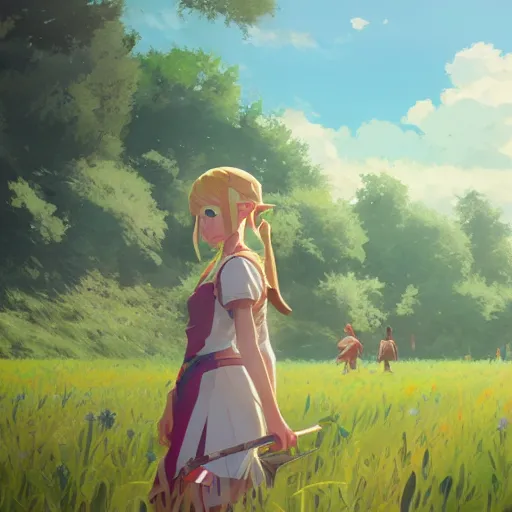 Image similar to zelda in a field. cgsociety masterpiece, artstation trending, by rossdraws, ghibli, kimi no na wa, greg rutkowski, simon stalberg, greg manchess