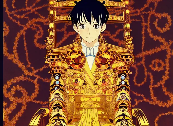 Image similar to key anime visual portrait of a king's throne, king, servants, dynamic pose, cinematic, film grain, designed by yoh yoshinari and kuvshinov, detailed, intricate, at night, dramatic lighting, interior by gustav klimt