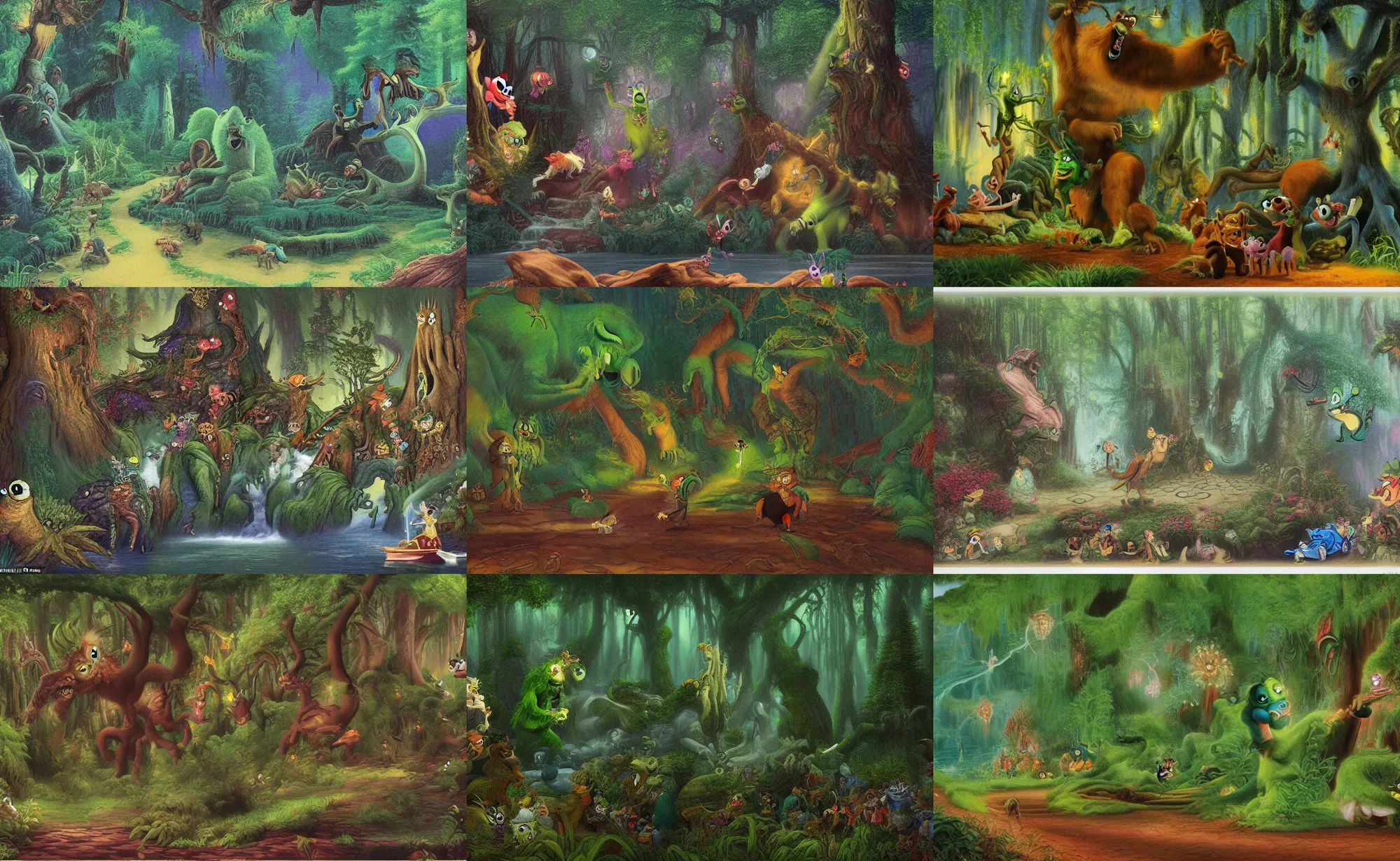 Prompt: Movie frame from the Monster energy drink coloured Disney animated motion picture released in 1937, beautiful enchanted forest full of Monster energy drink critters, directed by Walt Disney energy drink, highly detailed background paintings by Thomas Kinkade, Monster energy drink monster energy drink monster energy drink