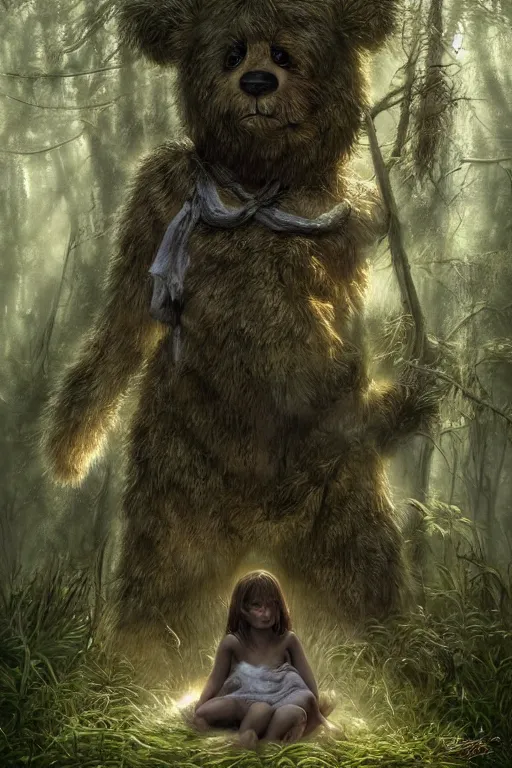 Image similar to mean fluffy teddybear protecting girl in a forest with rays of light coming through the canopy, masterpiece, dystopian, sci-fi, extremely detailed, digital painting, sculpted in zbrush, artstation, concept art, smooth, sharp focus, illustration, chiaroscuro lighting, golden ratio, incredible art, artgerm, greg rutkowski, alphonse mucha, simon stalenhag, carravaggio