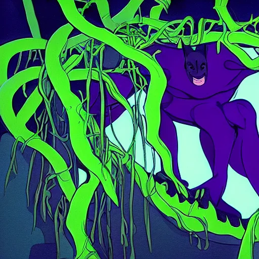 Prompt: a giant bat deep purple and green vines, swamp, genndy tartakovsky, primal, studio la cachette, scary lighting