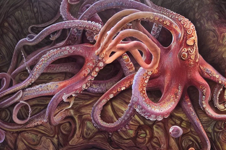 Prompt: An octopus made of muscles and flesh, alex grey, ambient light, terror, glows, realistic, photo-realism, hyper realism, picture, detailed, 3D render, scary, distant shot, in the distance,