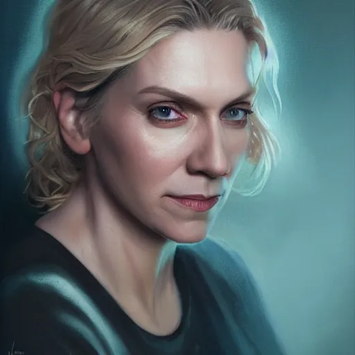 Image similar to portrait painting of rhea seehorn with red rays of light coming out of her eyes, beautiful detailed face, ultra photorealistic, concept art, intricate details, serious, highly detailed, smooth, sharp focus, featured on artstation, 8 k