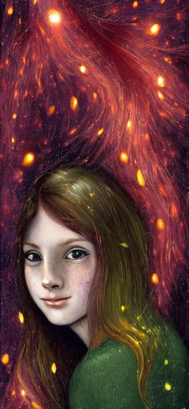 Image similar to infp young woman, smiling, amazed by golden fireflies lights, sitting in the midst of nature fully covered, long loose red hair, intricate linework, green eyes, small nose with freckles, oval shape face, realistic, expressive emotions, dramatic lights, spiritual scene, hyper realistic ultrafine art by cecco del caravaggio and albert bierstadt and artgerm