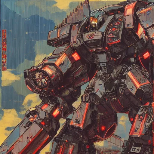 Image similar to a fullmetal wired neon robot crosses the tori gates between reality and simulation, hanafuda oil on canvas by ivan shishkin, james jean and yoji shinkawa