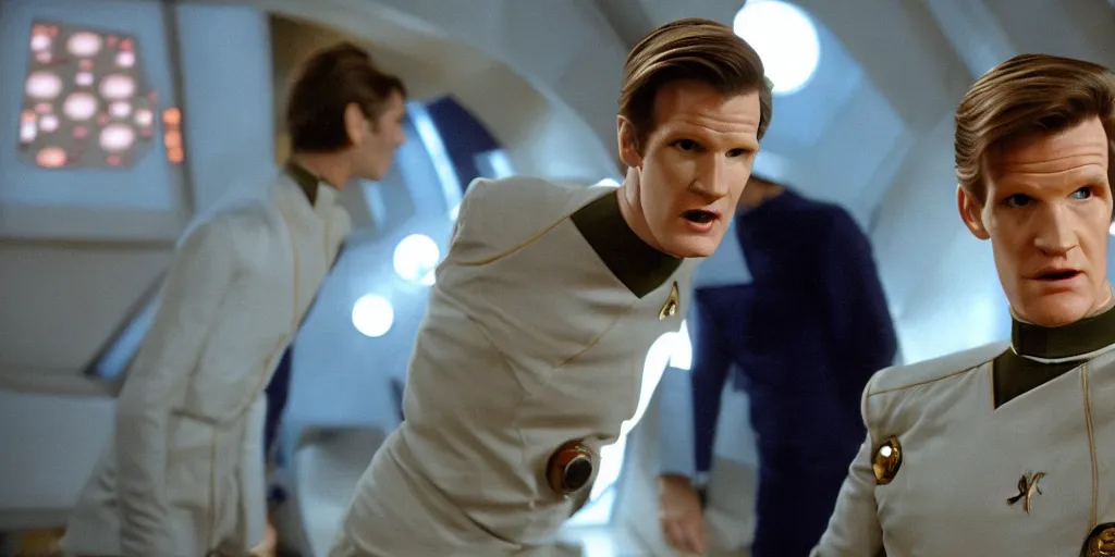 Image similar to Matt Smith as Doctor Who, in Starfleet uniform, in the role of Captain Kirk in a scene from Star Trek the original series