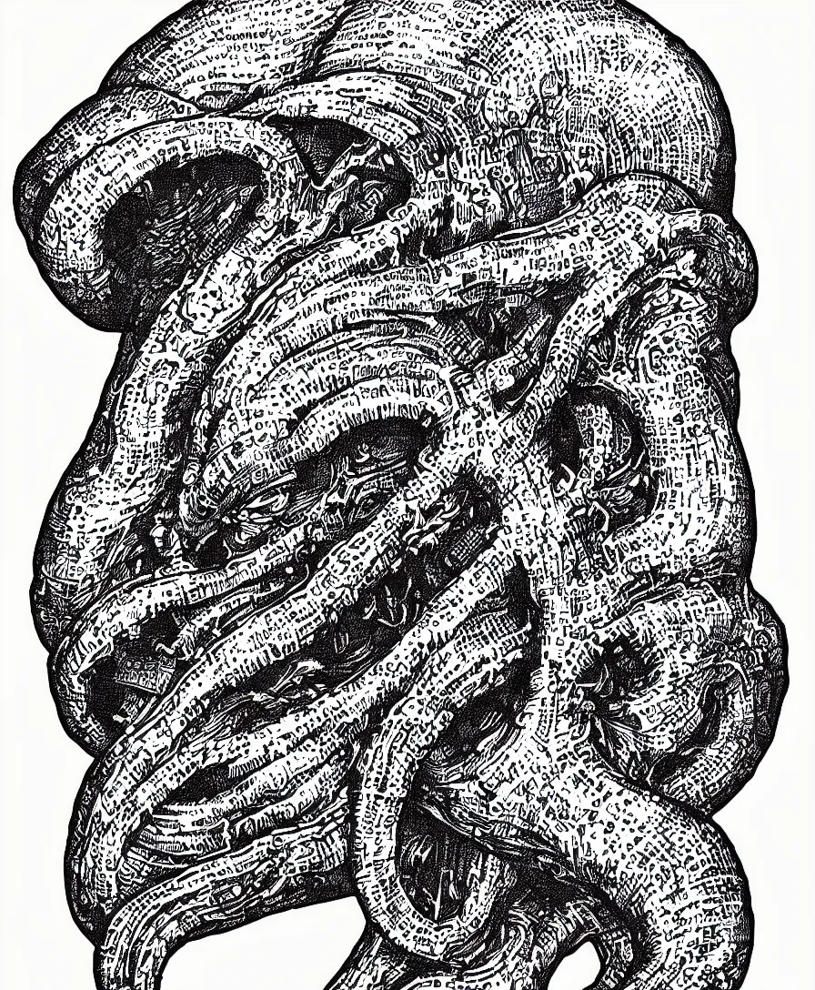 Image similar to ultradetailed halftone print, anatomical cross-section of an illithid mindflayer