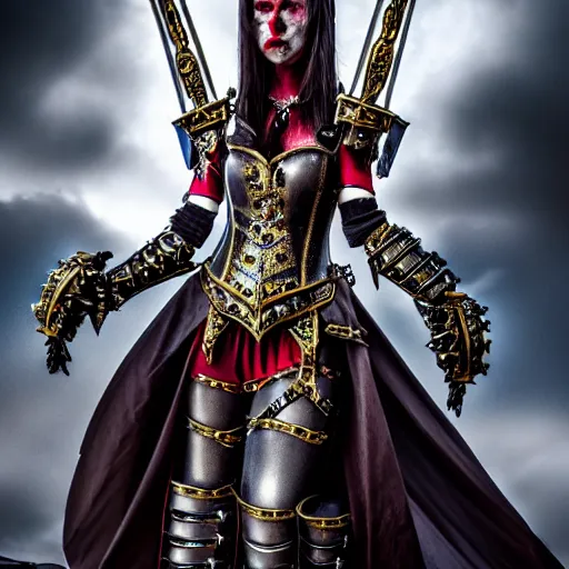 Image similar to full length photo of a very beautiful!! vampire warrior queen with ornate armour, highly detailed, 4 k, hdr, smooth, sharp focus, high resolution, award - winning photo