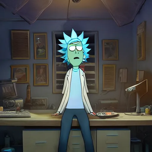 Image similar to full body pose, hyperrealistic photograph of rick sanchez from rick and morty, dim volumetric lighting, 8 k, octane beautifully detailed render, extremely hyper detailed, intricate, epic composition, cinematic lighting, masterpiece, trending on artstation, very very detailed, stunning, hdr, smooth, sharp focus, high resolution, award, winning photo, dslr, 5 0 mm