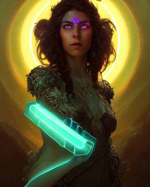 Image similar to epic fantasy render portrait of a beautiful bioluminescent woman with glowing eyes, dark retrowave, highly detailed, digital painting, cinematic, hyperrealism, rpg portrait, dynamic lighting, art by stefan kostic and magali villeneuve and alphonse mucha, artstation, octane render, cgsociety