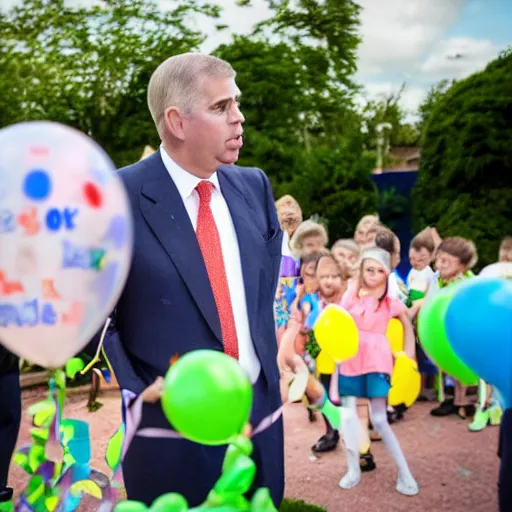 Image similar to prince andrew looking nervous at a children's birthday party, cake, balloons, wide angle, 14mm