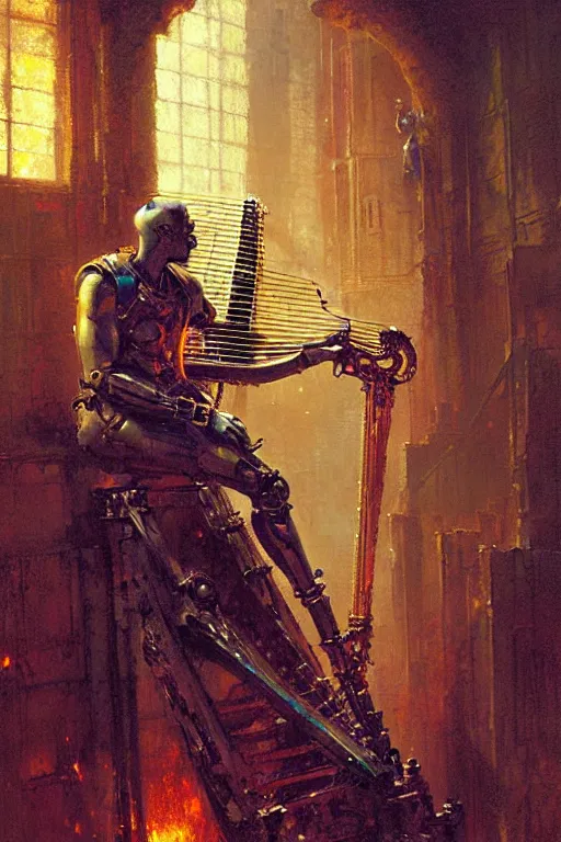 Prompt: modern looking robot man holding a fantasy harp in a grimy dungeon portrait dnd, painting by gaston bussiere, craig mullins, greg rutkowski, yoji shinkawa