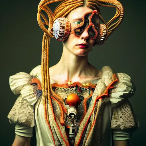 Prompt: Colour aesthetic Caravaggio style full body Photography of Highly detailed beautiful Woman with 1000 year detailed face and wearing detailed Ukrainian folk costume also wearing highly detailed retrofuturistic sci-fi Neural interface designed by Hiromasa Ogura . Many details In style of Josan Gonzalez and Mike Winkelmann and andgreg rutkowski and alphonse muchaand and Caspar David Friedrich and Stephen Hickman and James Gurney and Hiromasa Ogura. Rendered in Blender and Octane Render volumetric natural light