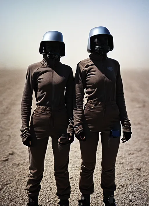 Prompt: cinestill 5 0 d photographic portrait of two loving clones, techwear women on a desolate plain, a brutalist dark metal facility in the background, dust storm, depth of field, 4 k, 8 k, hd, full color