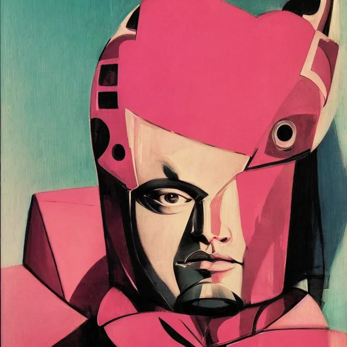 Image similar to abstract portrait of a knight in pink, geometric, anime style, caravaggio, syd mead