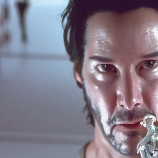 Prompt: beautiful hyperrealism three point perspective film still of Keanu Reeves having face hugger breakthrough surgery in medical bay in Aliens(1988) extreme closeup portrait in style of 1990s frontiers in translucent porclein miniature street photography seinen manga fashion edition, miniature porcelain model, focus on face, eye contact, tilt shift style scene background, soft lighting, Kodak Portra 400, cinematic style, telephoto by Emmanuel Lubezki