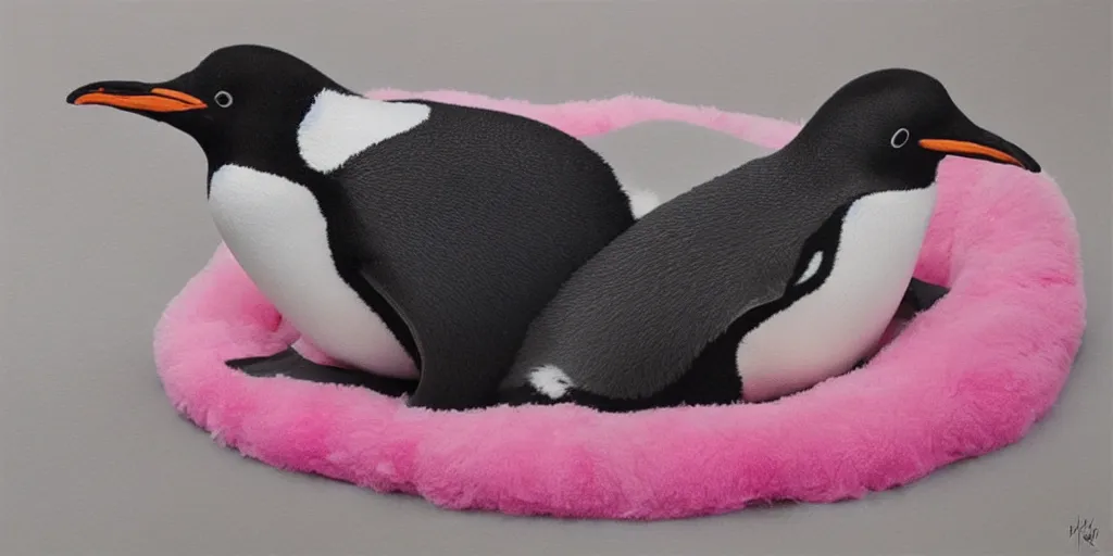 Image similar to realistic penguin sitting in a pink fluffy bed, hyper detailed, trending on artstation