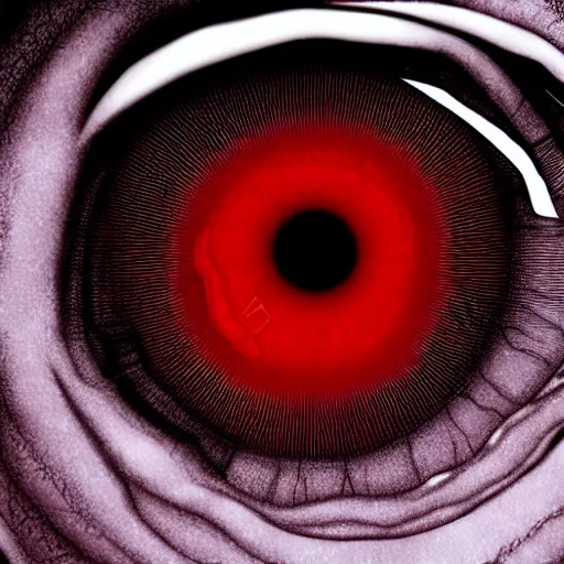 Image similar to a detailed extremely close up of inside the iris, cornea, red image, microscopic, extremely close up drawing by junji ito, cgsociety, generative art, lovecraftian, parallax, cosmic horror, extremely detailed, hyperrealism, unreal engine, octane render, award winning, masterpiece, highly detailed, realistic, 4 k, digital