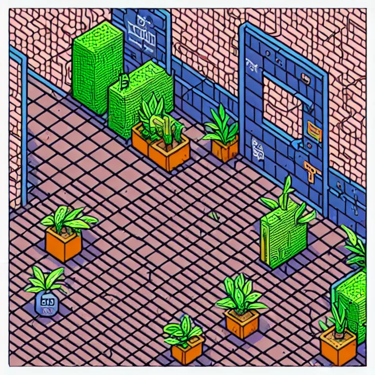 Prompt: an absurdly-detailed isometric cyberpunk alleyway colored-pen drawing as a fancy square tile. Cats and Robots and Potted-Plants.