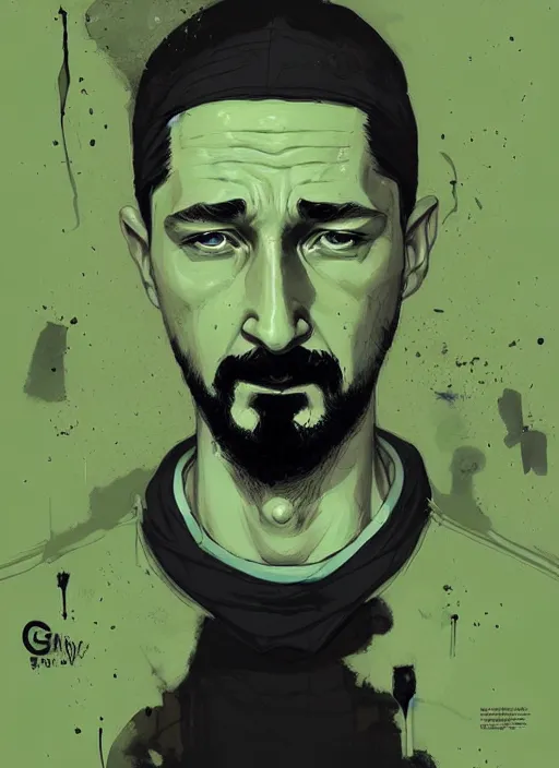 Prompt: highly detailed closeup portrait of creepy staring shia lebouf with motivational text by atey ghailan, by greg rutkowski, by greg tocchini, by james gilleard, by joe fenton, by kaethe butcher, gradient green, black and white color scheme, grunge aesthetic!!! ( ( graffiti tag wall background ) )