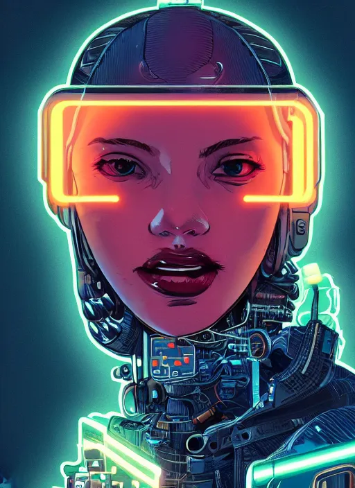 Prompt: portrait of a cyborg humanoid girl with mechanical and electronic element, denim jacket surrounded by neon light, illustrated by Michael Whelan and Laurie Greasley, highly detailed, trending on artstation