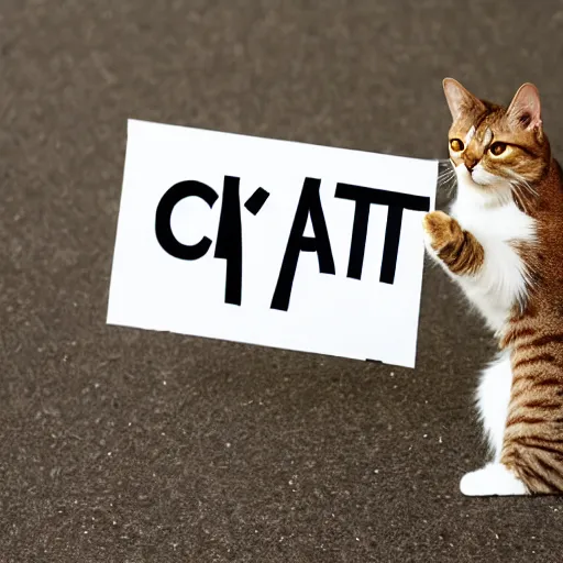 Image similar to realistic perfect cat standing holding up sign saying atom